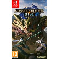 Nintendo Switch game cover featuring Monster Hunter Rise with a dragon and warriors.