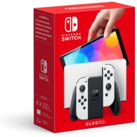 Nintendo Switch OLED Model in white with detachable Joy-Con controllers and vibrant display, in red packaging.
