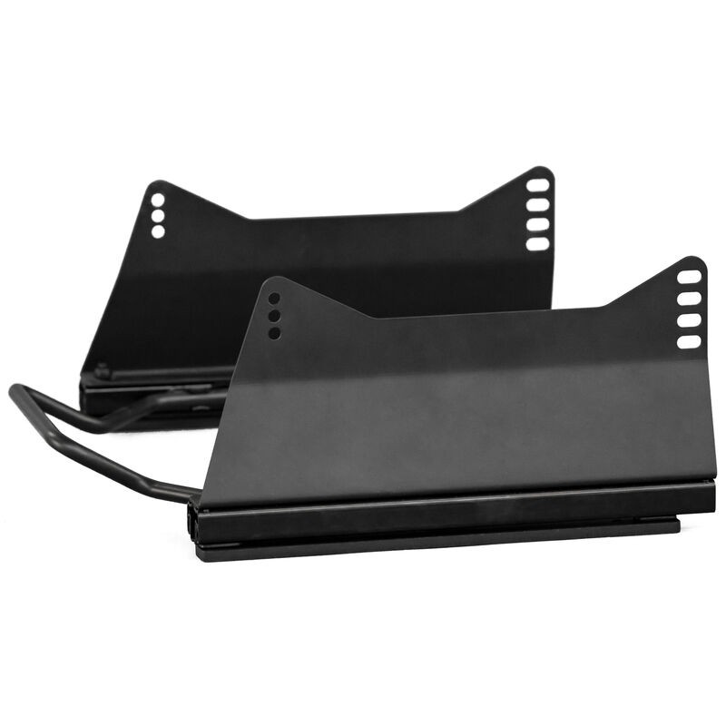 Black metal slider and holder set designed for sim racing bucket seats, featuring a sturdy construction with multiple mounting holes for adjustable positioning.