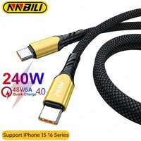 Black braided NNBILI 240W USB C to C cable with gold connectors, supports QC4.0, 48V5A fast charging for MacBook, Samsung.