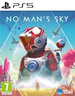 Cover art for "No Man's Sky" on PS5 features a space explorer in a red and white suit, surrounded by vibrant alien landscapes and colorful planets in a blue sky.