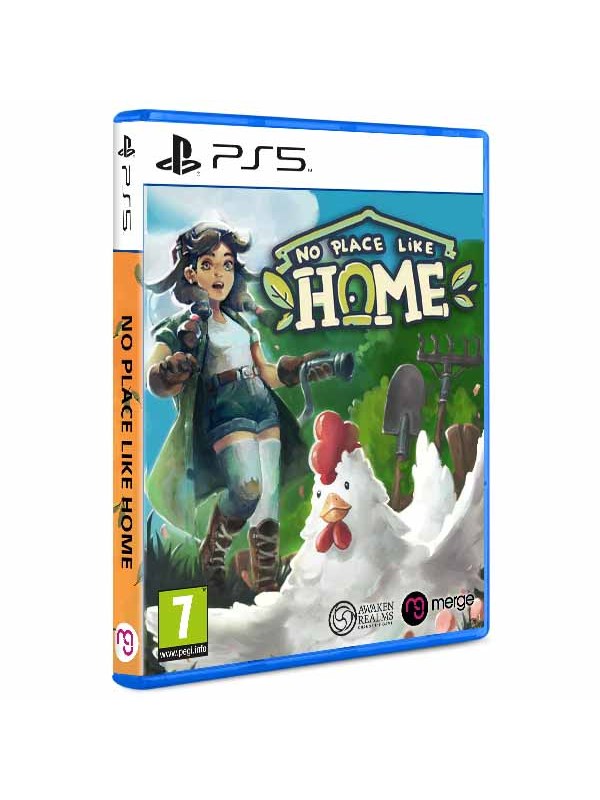 The "No Place Like Home" PS5 game cover features a young girl with a backpack, holding a shovel, alongside a cartoon chicken, set against a colorful, whimsical background.