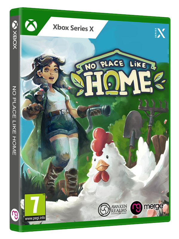 Green Xbox Series X game cover featuring a female character in a garden with a chicken, surrounded by plants and tools, titled "No Place Like Home" at the top.