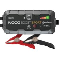 NOCO GB20 vehicle jump starter, black with red and black clamps, LED indicators, and rugged design, 500 A capacity.