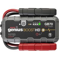 NOCO GB70 vehicle jump starter, black and red, with LED indicators, 12V 2000A, compact design with attached clamps.