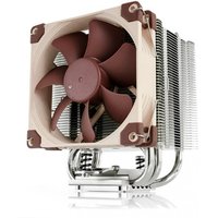 Noctua NH-U9S processor cooler with brown fan, silver heat sink, and copper heat pipes.