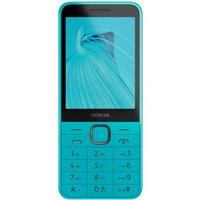 Blue Nokia 235 phone, 2.8-inch screen, numeric keypad, central navigation button, 2MP camera, slim design.