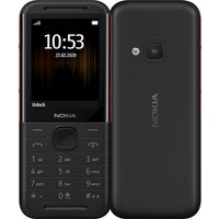 Black and red Nokia 5310 mobile phone with 2.4-inch screen, physical keypad, and rear camera.