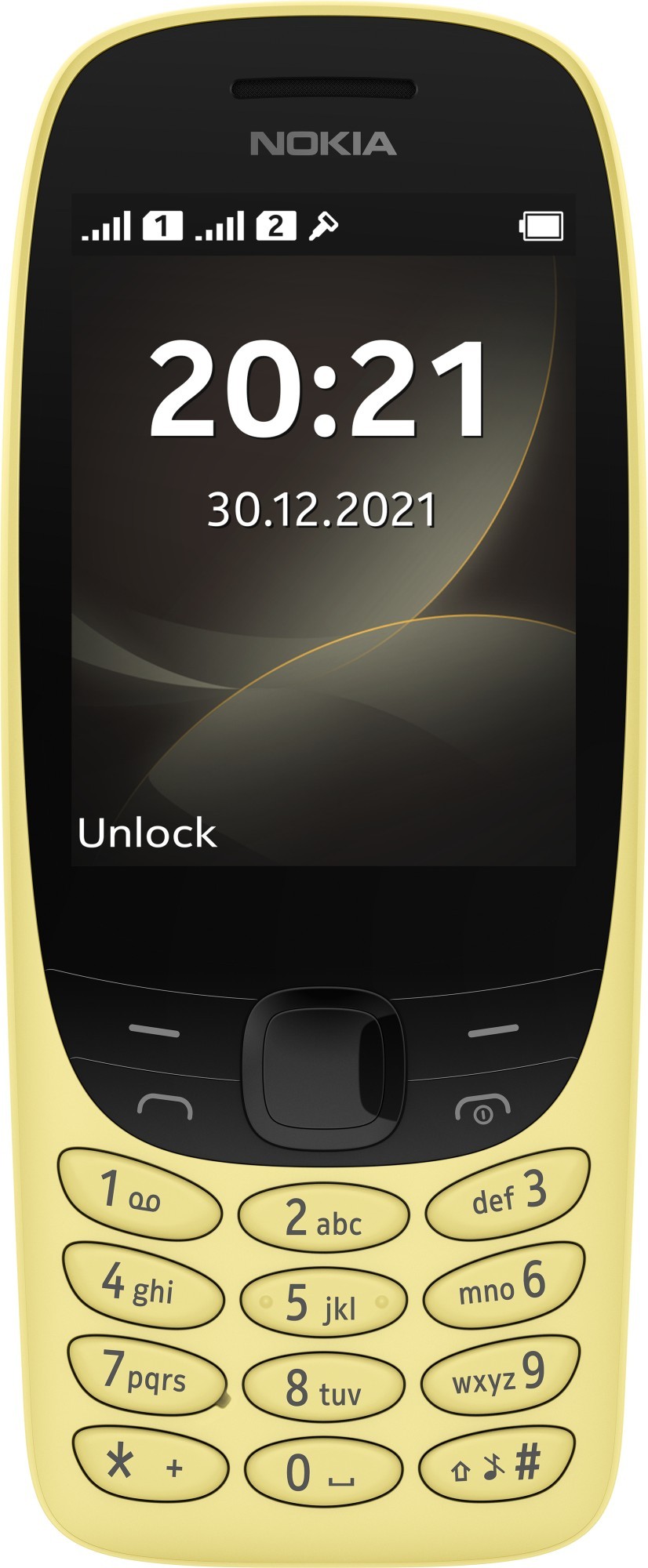 Nokia 6310 feature phone in bright yellow with a 2.8-inch display, black keypad, and a simple interface showing the time and date.