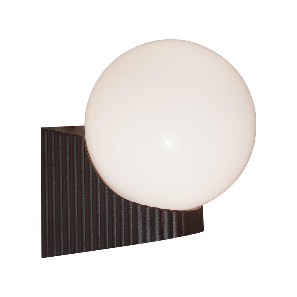 Brown outdoor wall light featuring a textured, curved backplate and a large, round glass globe that emits a soft, diffused glow.