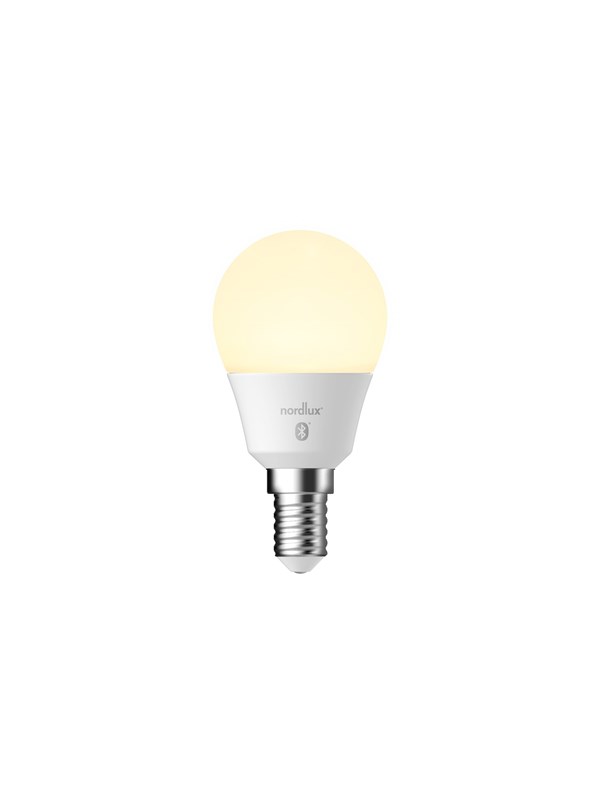 Nordlux LED teardrop bulb with E14 base, 4.7W power, 430 lumens brightness, featuring a smooth white finish and smart dimming capability.