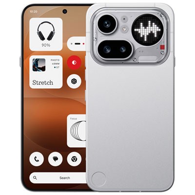 Silver smartphone with a 6.83-inch display, dual SIM capability, 8 GB RAM, 128 GB storage, and a distinctive rear design featuring a unique LED display.