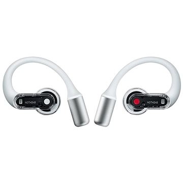 True wireless in-ear headset in white with transparent accents, featuring a sleek design, Bluetooth connectivity, and distinct black and red detailing on the earbuds.
