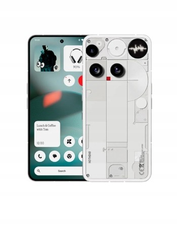 Sleek white smartphone with a 6.67" display, featuring a unique transparent back design, dual rear cameras, and a minimalist interface showcasing app icons and widgets.