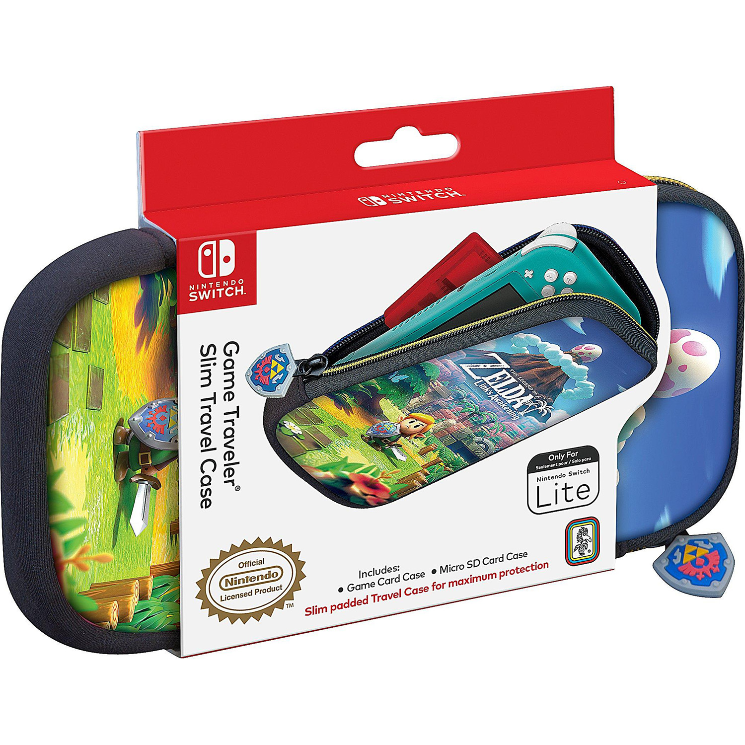 Zelda-themed travel pouch for Nintendo Switch, featuring vibrant graphics, a padded design, and compartments for game cards and accessories, with a red and blue color scheme.