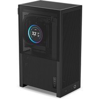 Black NZXT H2 Flow SFF case with mesh panels, front USB ports, and side window displaying internal components.