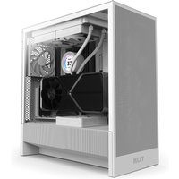 White NZXT H5 Flow Midi Tower case with mesh front panel, transparent side, and internal cooling fans.