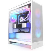 White NZXT H7 Flow RGB Midi Tower with mesh front panel, tempered glass side, and vibrant internal RGB lighting.