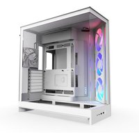 White NZXT H9 Flow RGB Midi Tower with tempered glass panels and colorful RGB fans.