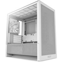 White NZXT H9 H3 Flow Midi Tower with mesh front panel, transparent side, and top ventilation grid.