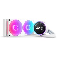 White NZXT Kraken Elite 240 RGB cooler with dual 12 cm fans, circular display, and braided tubing.