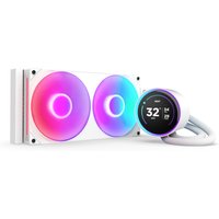 White NZXT Kraken Elite 280 RGB liquid cooler with dual 14 cm fans and digital display on pump head.