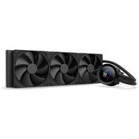 Black NZXT Kraken Plus 360 liquid cooler with three 12 cm fans and a circular RGB-lit pump head.