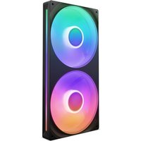 Black NZXT computer case fan with dual RGB LED rings and rectangular frame.
