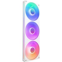 White NZXT computer cooling system with three 36 cm RGB fans in a vertical alignment.