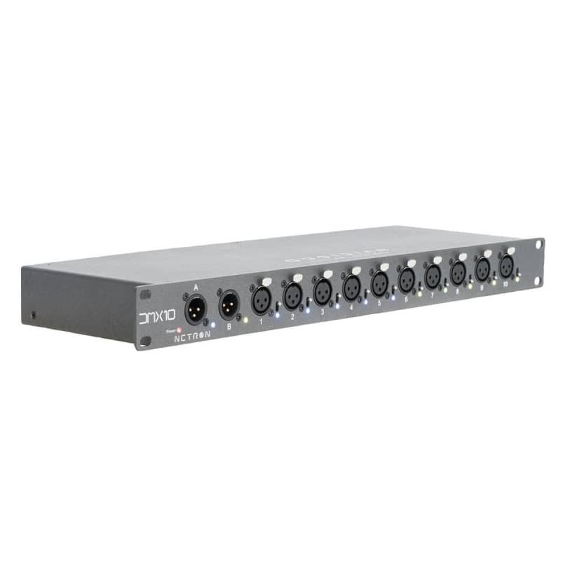 Obsidian DMX 10-3, a sleek black metal DMX splitter with 10 XLR outputs, featuring labeled channels and a compact, rack-mountable design.