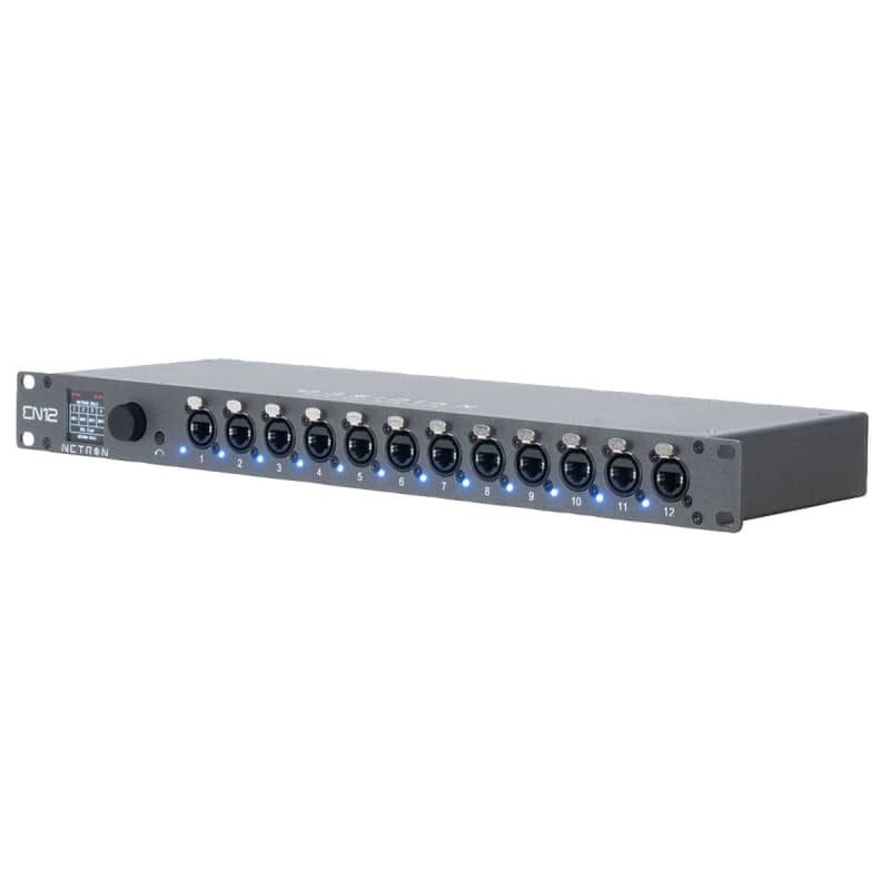 Obsidian EN12-45 is a sleek, dark gray rack-mounted device featuring 12 XLR input/output ports, LED indicators, and a digital display for easy monitoring and control.