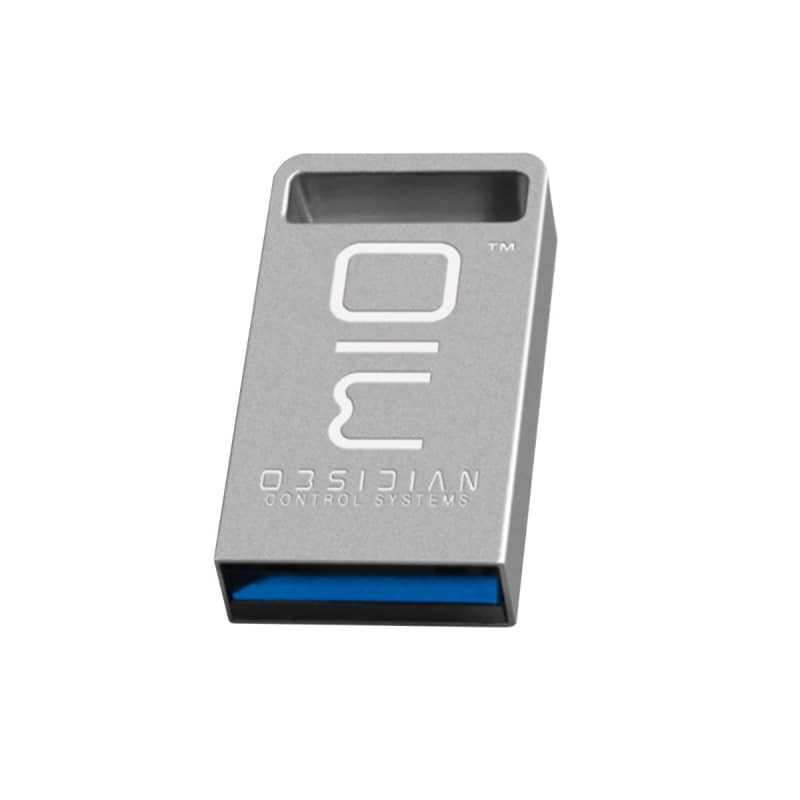 Sleek silver USB drive with a blue accent, featuring the embossed "ONYX" logo and "OBSIDIAN CONTROL SYSTEMS" branding on the front.