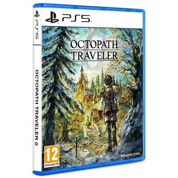 The PS5 game case for "Octopath Traveler 0" features a colorful, illustrated cover depicting a character in a forest with a village, surrounded by trees and a moonlit sky.