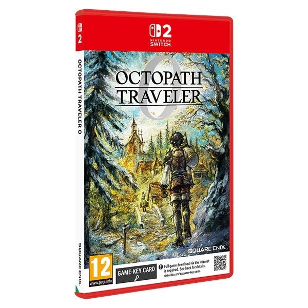 Octopath Traveler 0 game case featuring a vibrant red and white design, showcasing a character in armor against a scenic backdrop, labeled for Nintendo Switch and rated 12+.