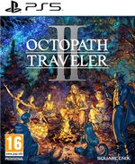 Octopath Traveler 2 for PS5 features a vibrant cover art with characters gathered around a campfire, set against a richly detailed fantasy landscape, with bold colors and intricate designs.