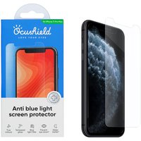 Clear Ocushield screen protector for iPhone 11 Pro Max, anti-blue light, shown with packaging and phone display.