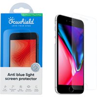 Clear Ocushield screen protector for iPhone 7/8 Plus, anti-blue light, shown with packaging and applied to phone.