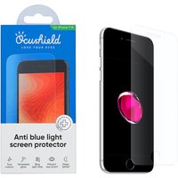 Clear Ocushield screen/back protector for iPhone 8, anti blue light, with packaging and phone illustration.