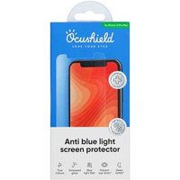 Ocushield anti-glare screen protector for iPhone 12, blue packaging with phone image and anti-blue light feature.