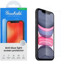 Clear Ocushield screen/back protector for iPhone XR, anti-blue light, shown with packaging and applied on phone screen.