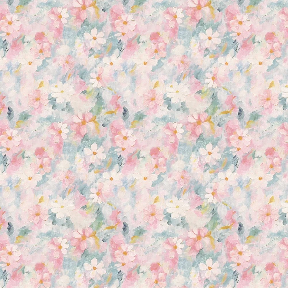 Floral wallpaper featuring a soft pastel color palette with pink, white, and blue hues, showcasing an oil paint effect and delicate flower patterns.
