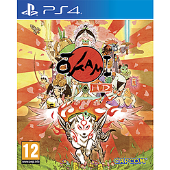 Okami HD for PlayStation 4 features vibrant artwork with a red and gold color scheme, showcasing a wolf deity surrounded by various characters and floral designs.