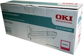 White cardboard box with blue and red accents, labeled "OKI Printing Solutions," containing the Oki ES8430 Magenta Imaging Drum, capable of printing 20,000 pages.