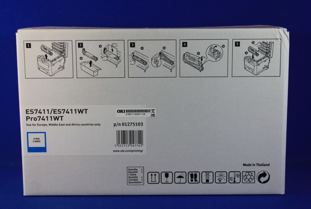 Cyan drum kit for OKI printers, designed for 20,000 pages, featuring detailed installation instructions on the box, with a blue background and product information.