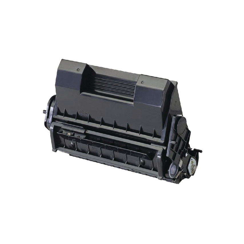 Black high-yield laser toner cartridge with a robust plastic body, designed for OKI printers, featuring a page life of 20,000 pages.