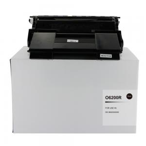 Remanufactured OKI B6200 toner and drum in a black cartridge, placed on a white box labeled "O620R" for use in OKI B6200 printers.