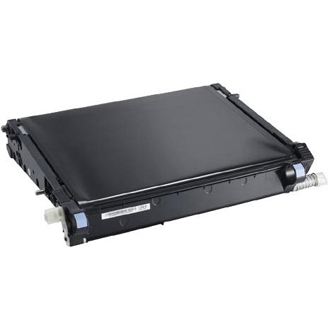Black transfer belt with a smooth surface and rectangular shape, featuring side connectors and a label on one edge, designed for use in OKI printers.