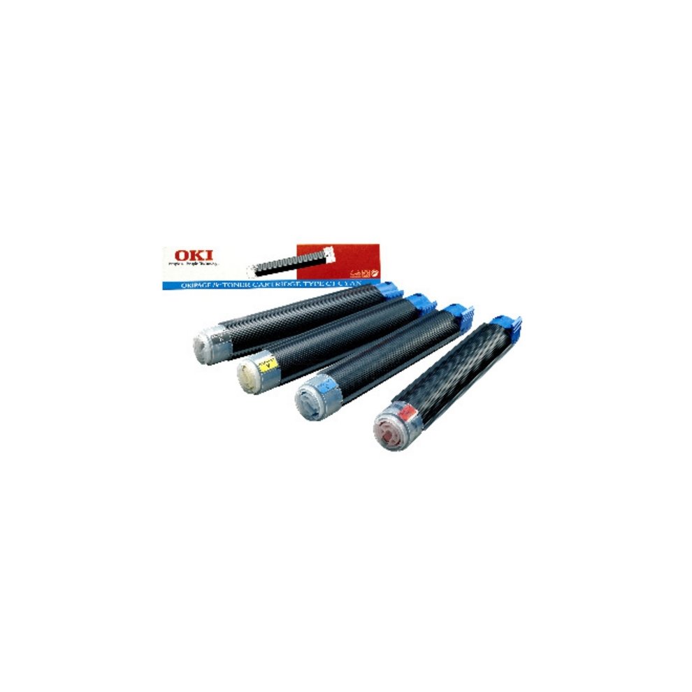 Original yellow toner cartridge by OKI, featuring a cylindrical design with a blue end cap, alongside three other toner cartridges in a branded box.