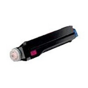 Original magenta toner cartridge by OKI, featuring a black plastic casing with a round, light-colored end and a vibrant magenta label for easy identification.