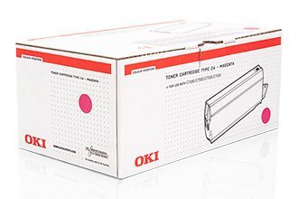 White cardboard box with red and pink accents, featuring the OKI logo and text identifying it as a magenta toner cartridge, with a stylized pink circle on the front.